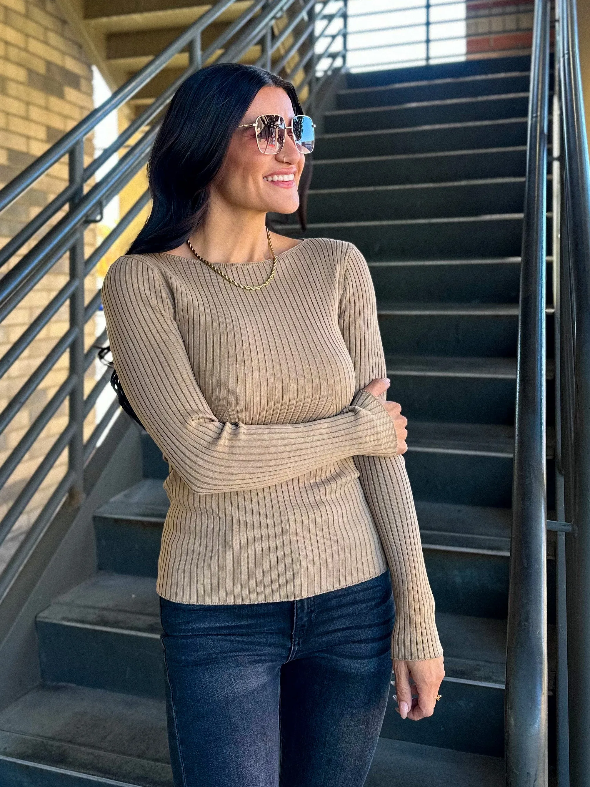 Basic Ribbed Knit Long Sleeve - Taupe