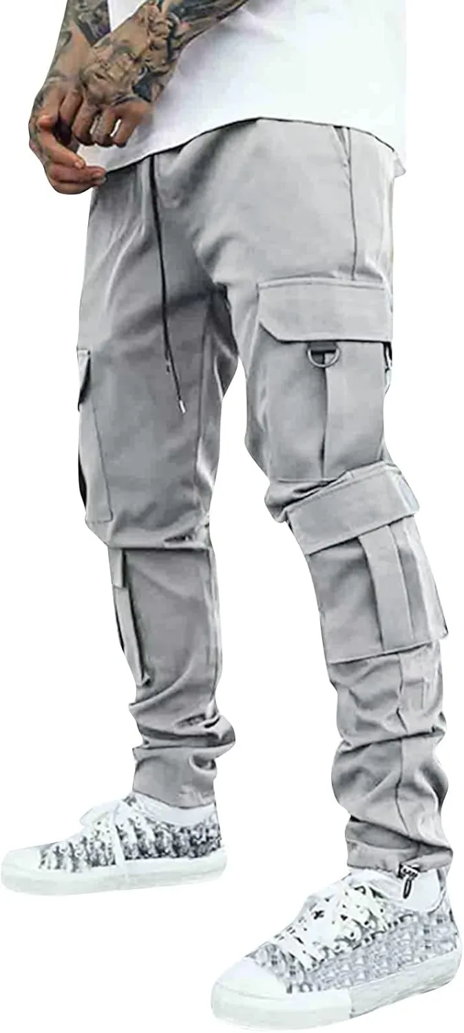 Cargo Sweatpants for Men Elastic Waist Drawstring Work Jogger Pants with Pockets Mens Casual Pants Stretch Slim Fit