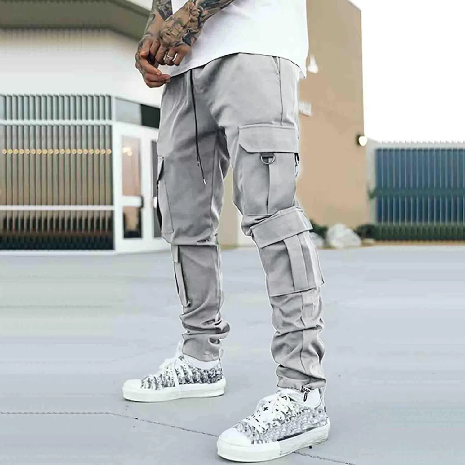 Cargo Sweatpants for Men Elastic Waist Drawstring Work Jogger Pants with Pockets Mens Casual Pants Stretch Slim Fit