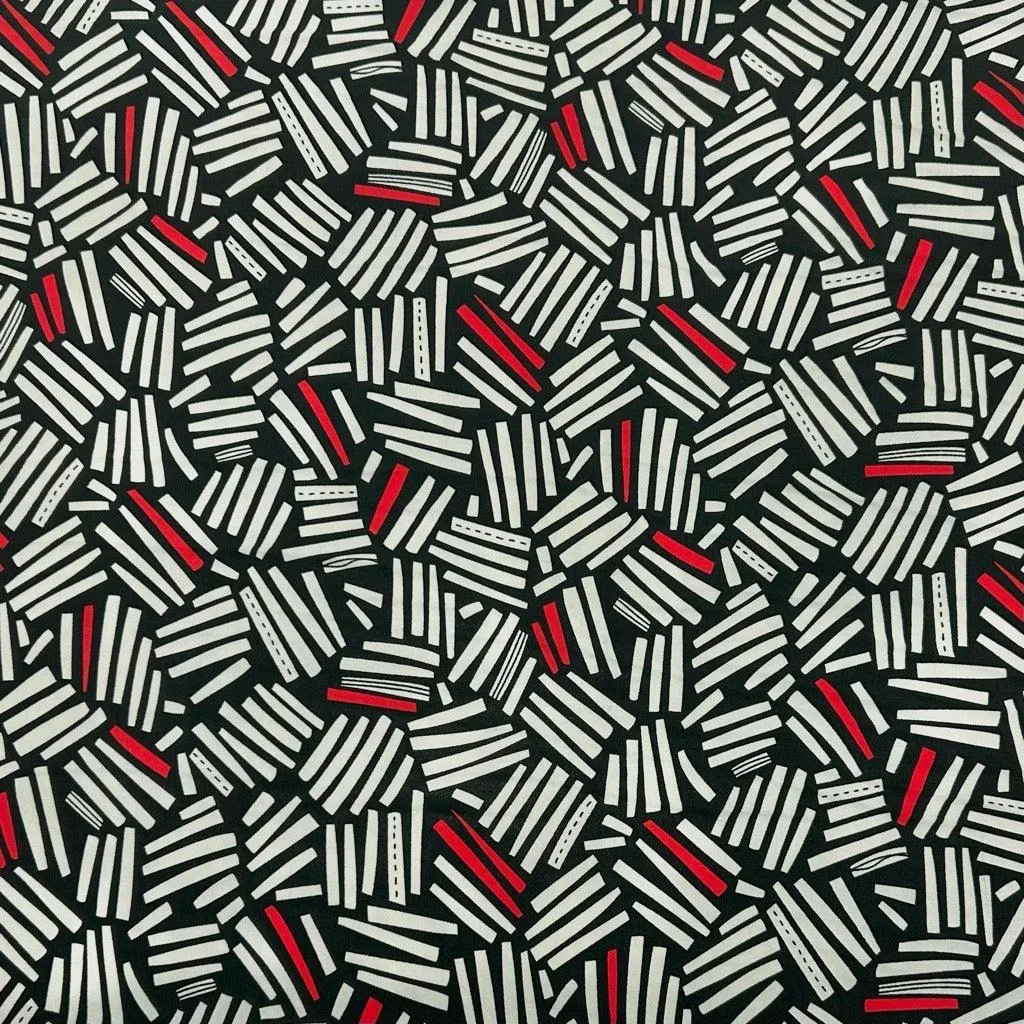 Cream and Red Lines on Black Crepe Fabric