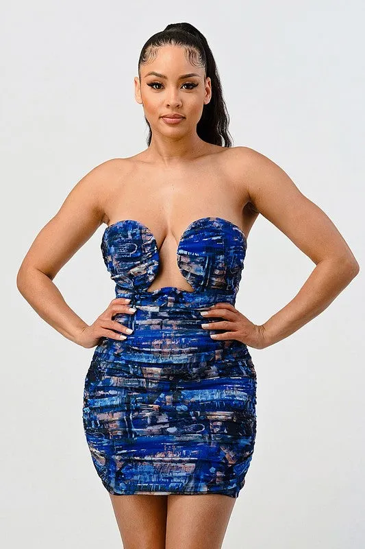 Cut-Out Deep Ocean Print Mini Bodycon Dress