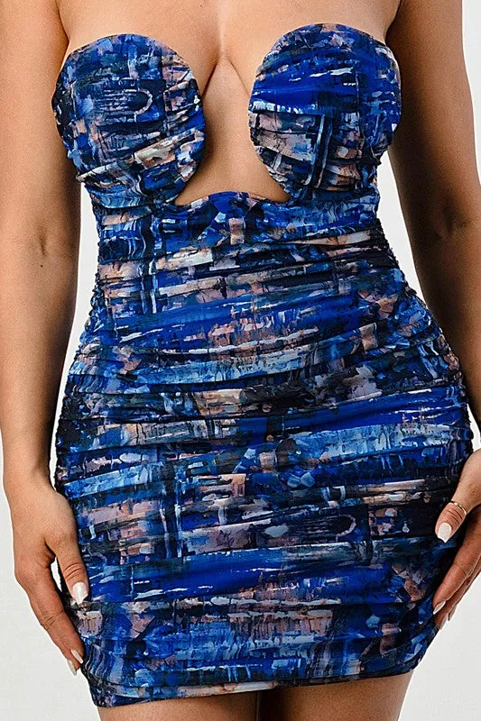 Cut-Out Deep Ocean Print Mini Bodycon Dress