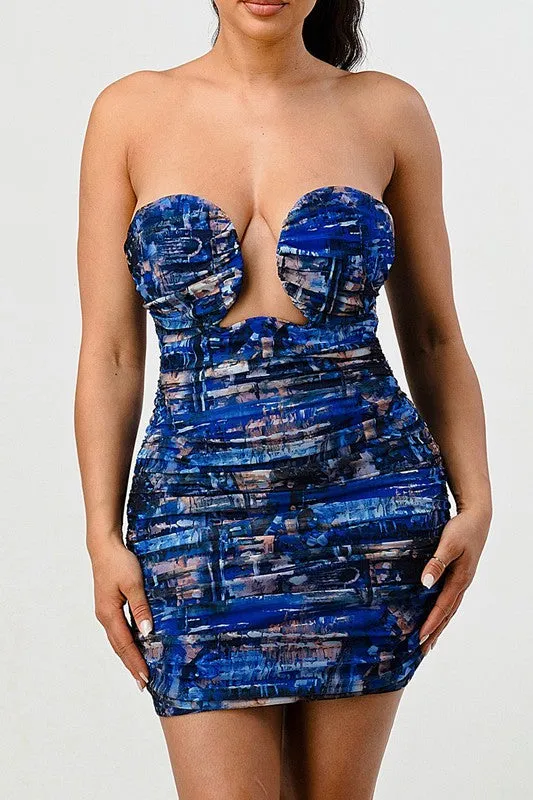 Cut-Out Deep Ocean Print Mini Bodycon Dress