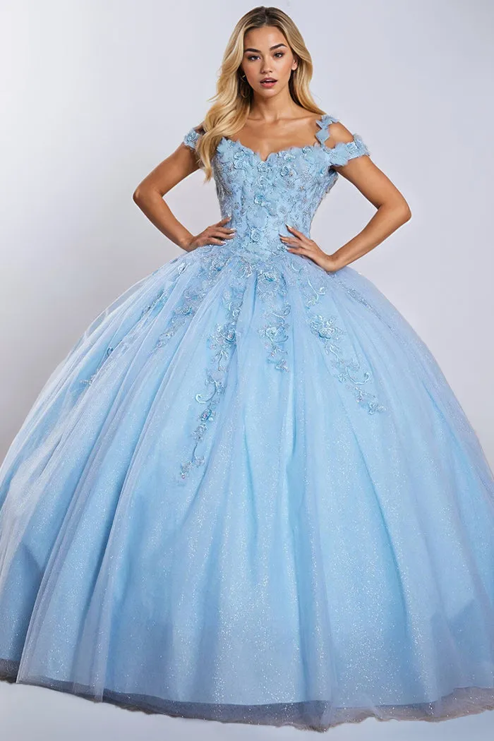 Flower Appliques Straps Sky Blue Tulle Quinceanera Dresses