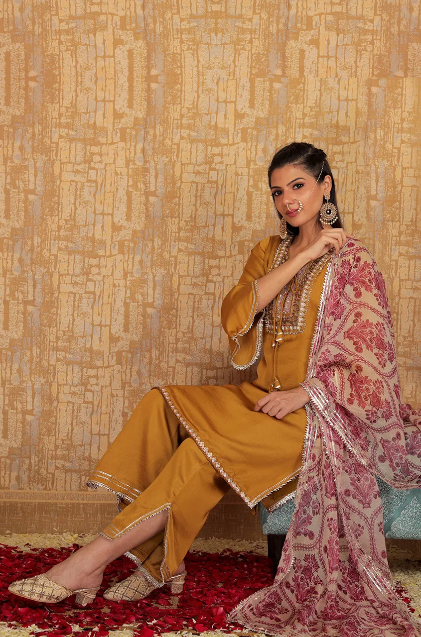 INNAYAT - Mustard Three Piece Suit Set With Printed Dupatta