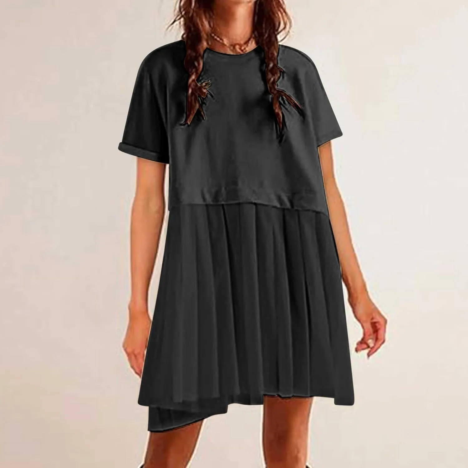 jsaierl Womens Summer Dress Oversized Pleated Short Dress Cute Sweet Mini Dress Comfy Loose Beach Dress Sun Dress 2025