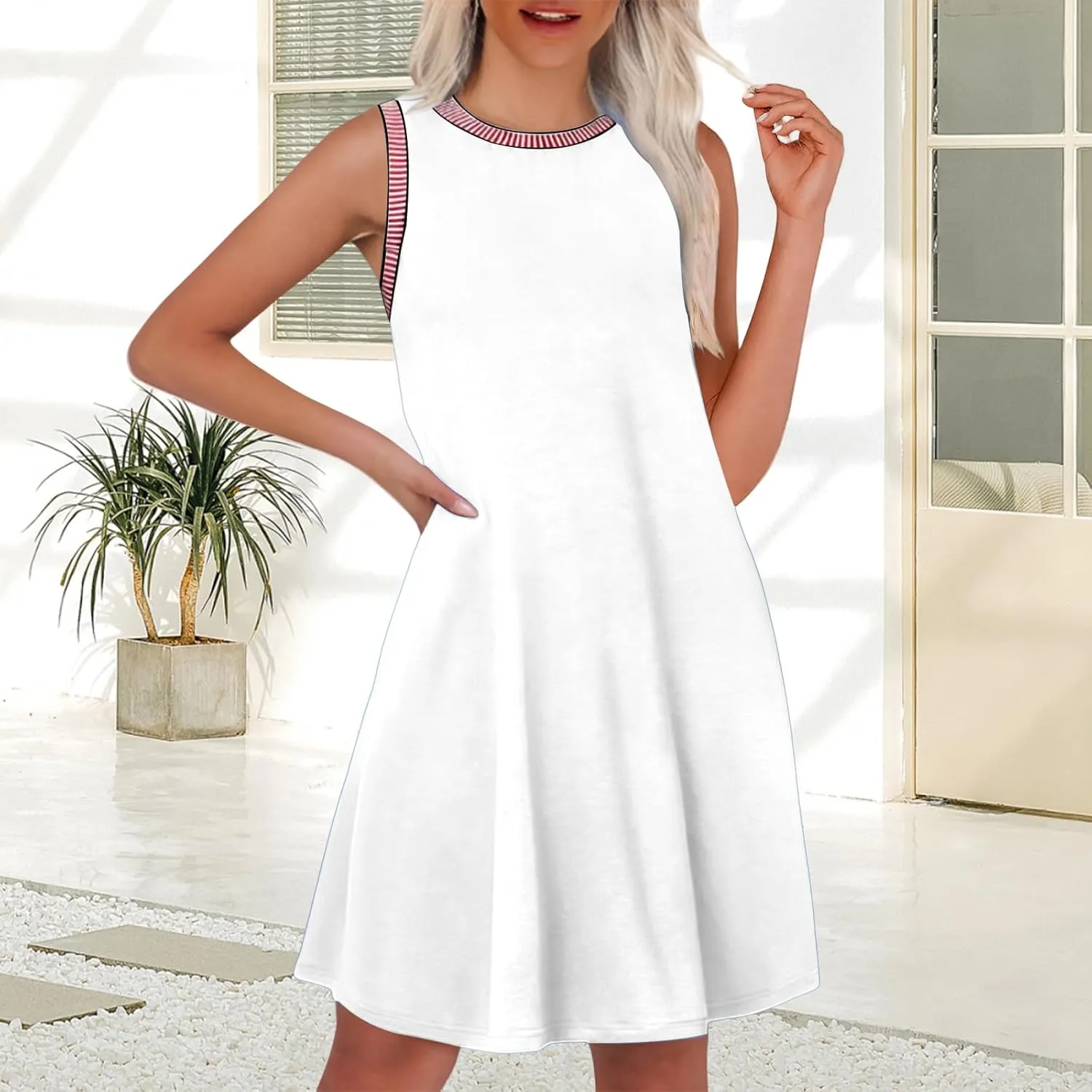 Kubbon Sundresses for Women Sleeveless Round Neck Tank Dresses Casual Loose Summer Mini Dress Flowy Travel Beach Dresses
