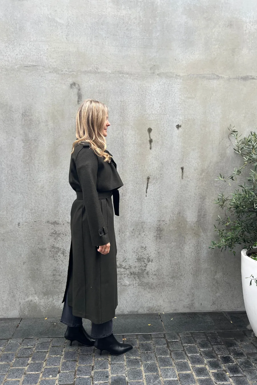 Long Trench Coat Pressed Wool Dark Khaki