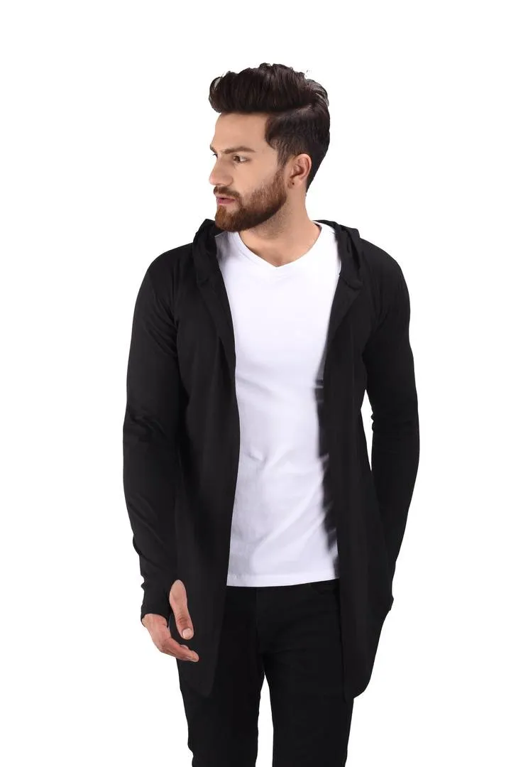 Men's Black Cotton Blend Solid Long Sleeves Cardigan