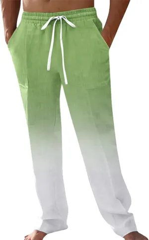 Mens Cotton Linen Drawstring Pants Casual Drawstring Summer Beach Pants Lightweight Breathable Trousers with Pockets