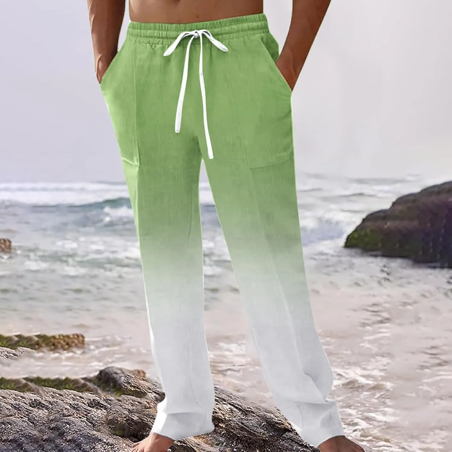 Mens Cotton Linen Drawstring Pants Casual Drawstring Summer Beach Pants Lightweight Breathable Trousers with Pockets