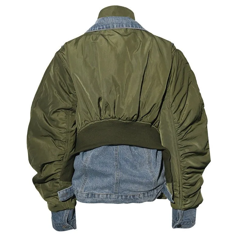 Pre Order:  Washed Denim Patchwork Stand Collar Jacket