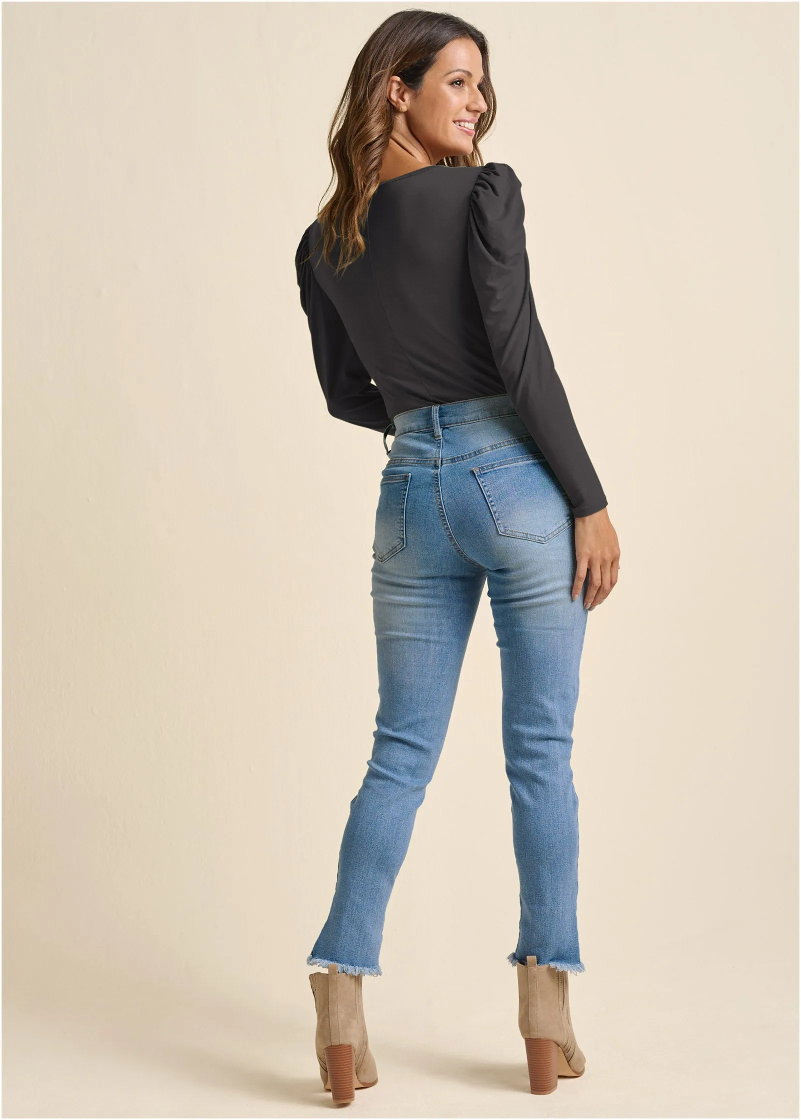 Puff Shoulder Long Sleeve Top - Black