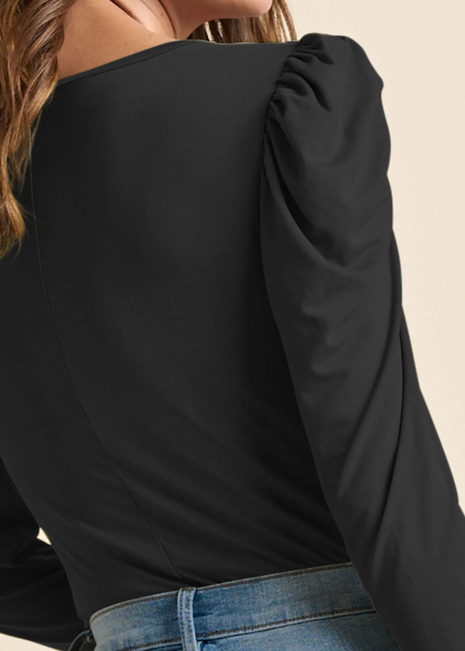 Puff Shoulder Long Sleeve Top - Black