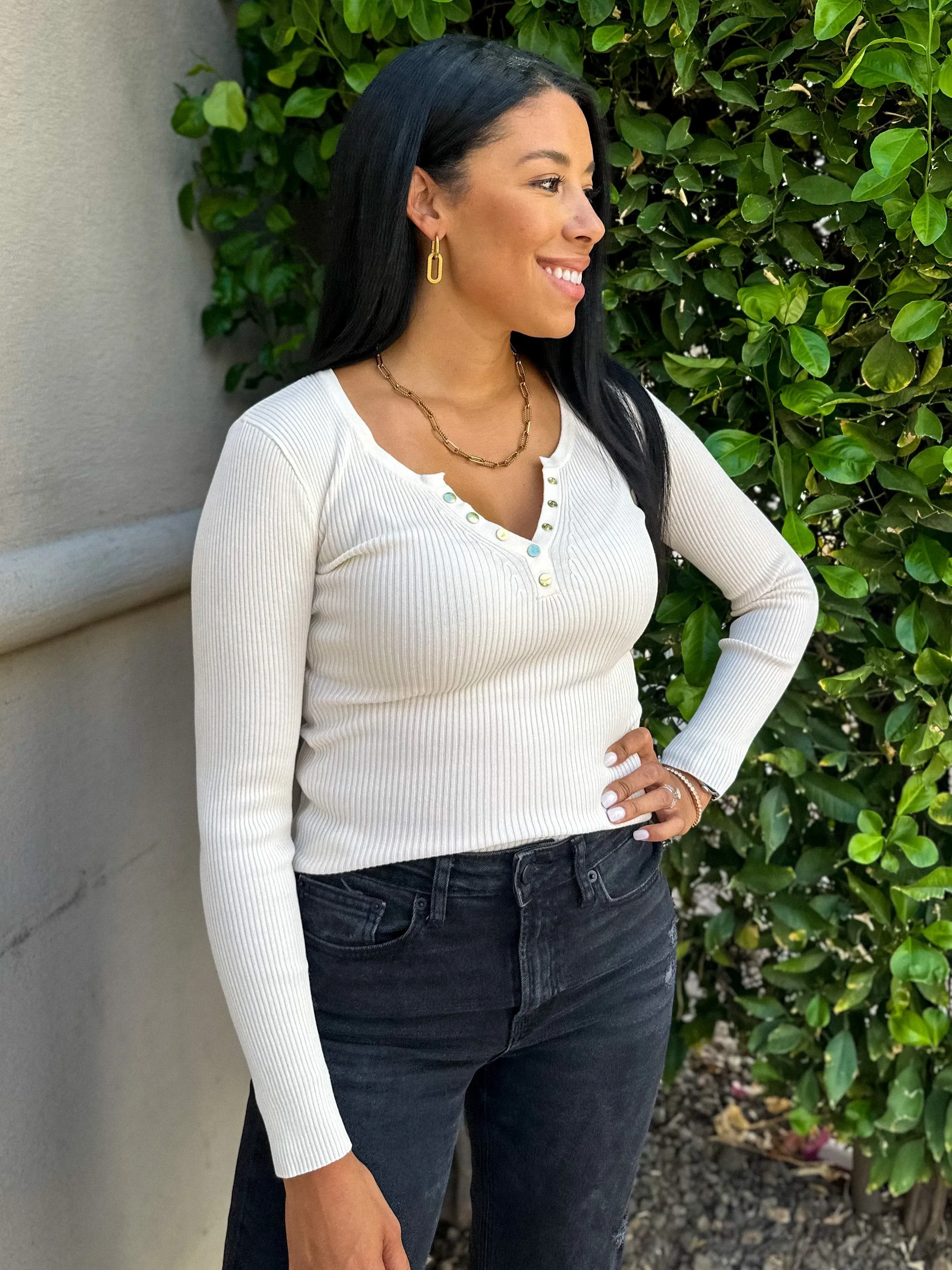 Ribbed Knit Henley Long Sleeve