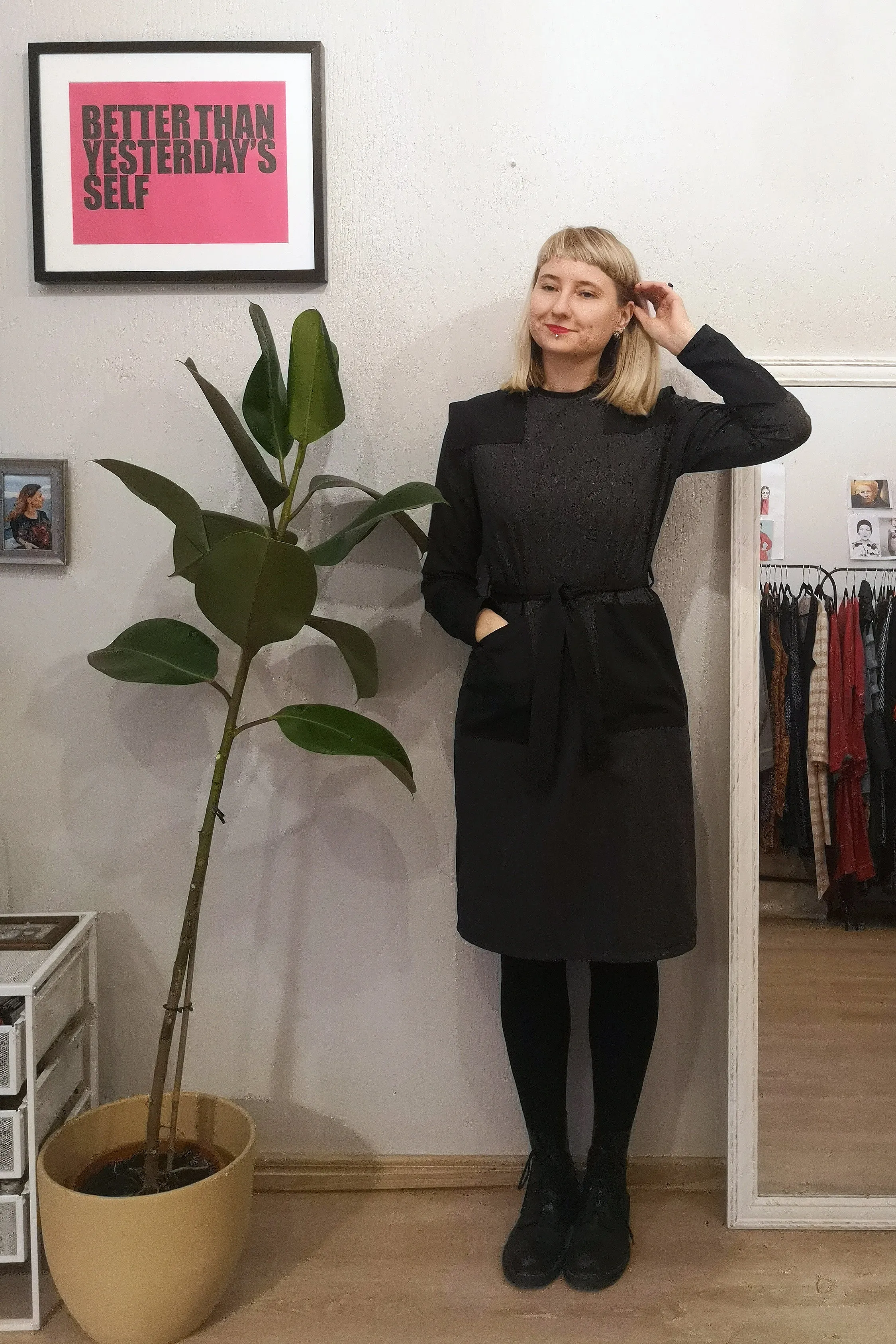 Straight Cut Space Warrior Princess Dress with oversized pockets in  Grey Light Wool Blend Herringbone Patterned Fabric Mixed With Darker Grey Cotton Fabric.