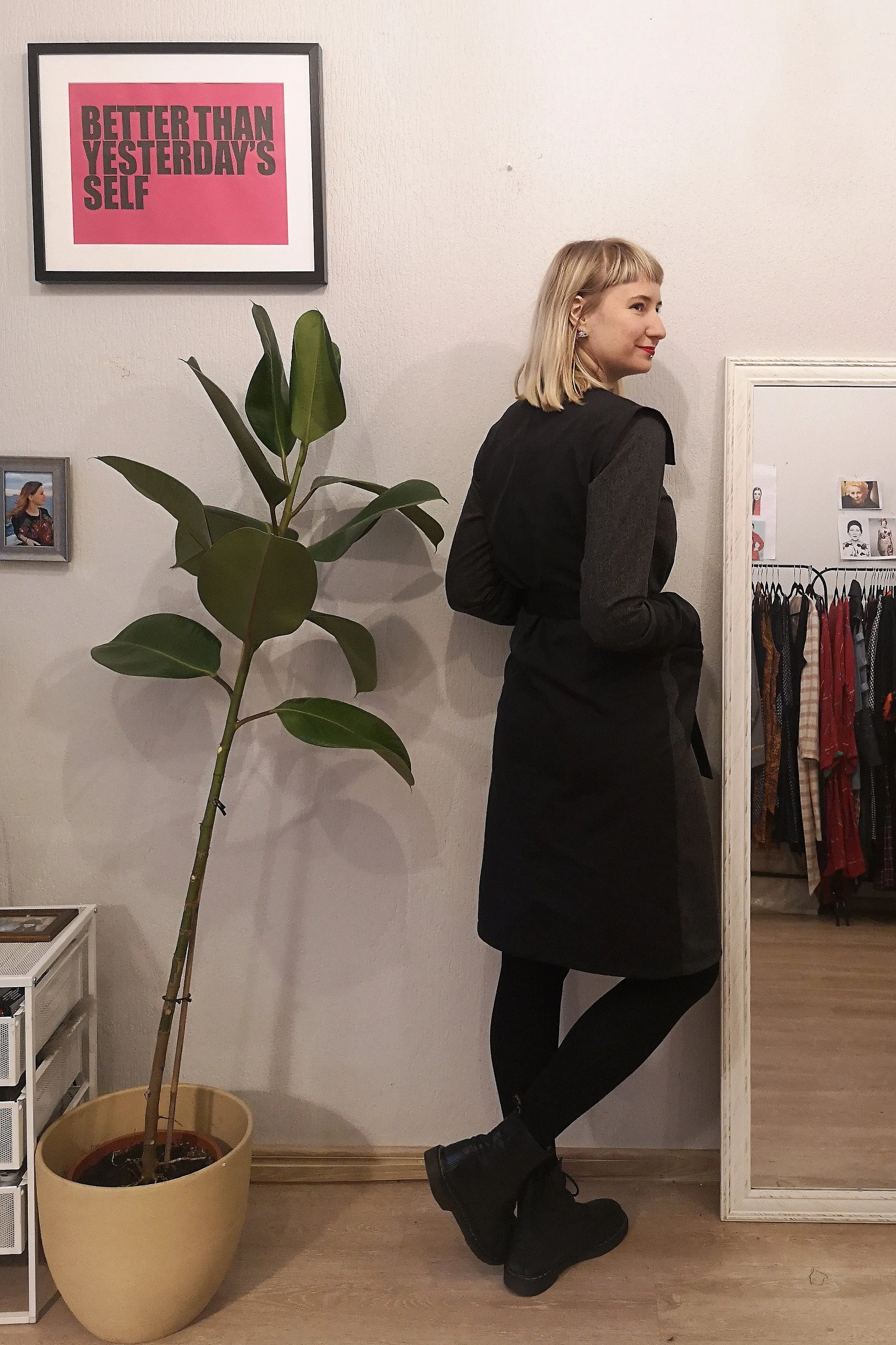 Straight Cut Space Warrior Princess Dress with oversized pockets in  Grey Light Wool Blend Herringbone Patterned Fabric Mixed With Darker Grey Cotton Fabric.