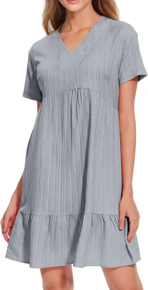 Sundresses for Women Summer Loose Fit V Neck Short Sleeve Mini Dress Ruffle Pleated Waist Layered Dresses 2025