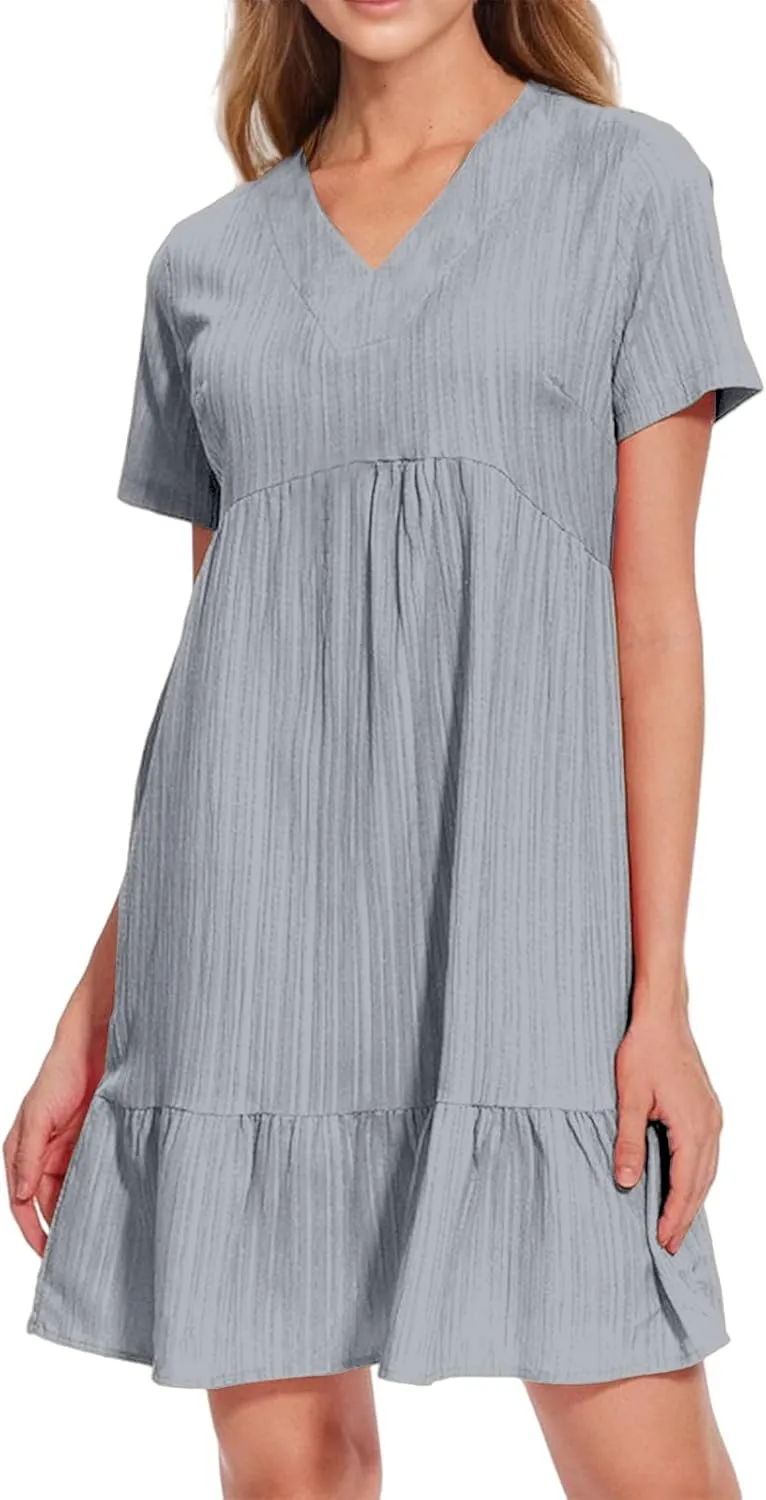 Sundresses for Women Summer Loose Fit V Neck Short Sleeve Mini Dress Ruffle Pleated Waist Layered Dresses 2025