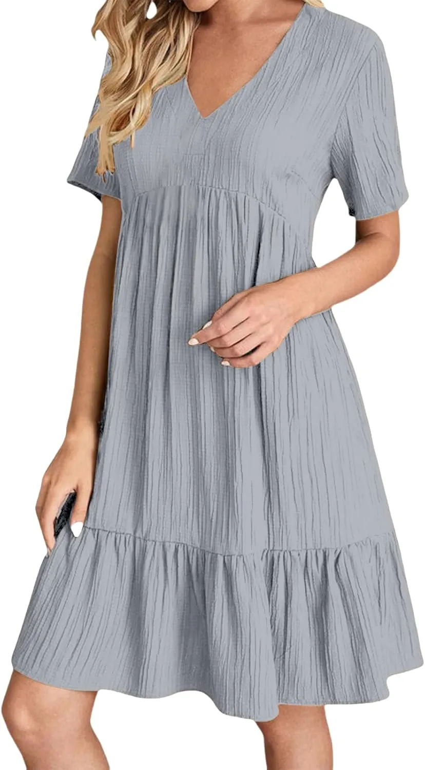 Sundresses for Women Summer Loose Fit V Neck Short Sleeve Mini Dress Ruffle Pleated Waist Layered Dresses 2025