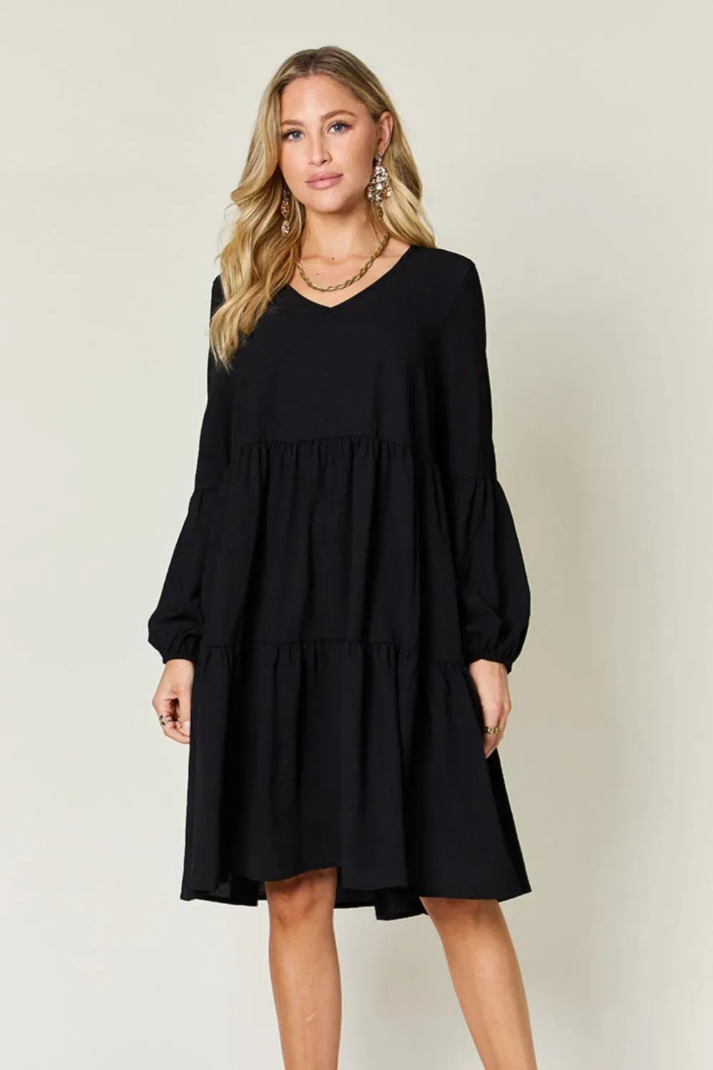 V-Neck Balloon Sleeve Tiered Dress