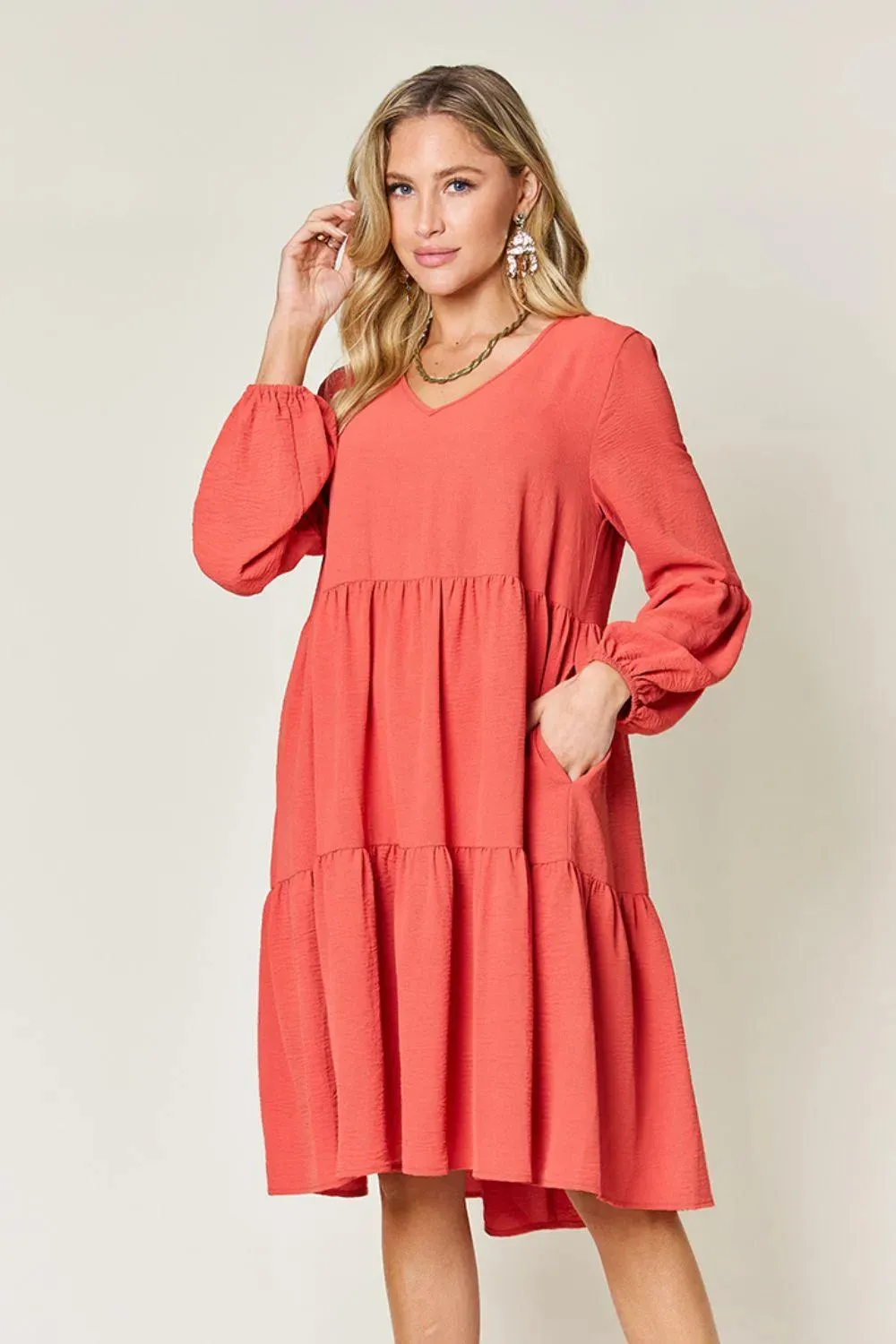 V-Neck Balloon Sleeve Tiered Dress