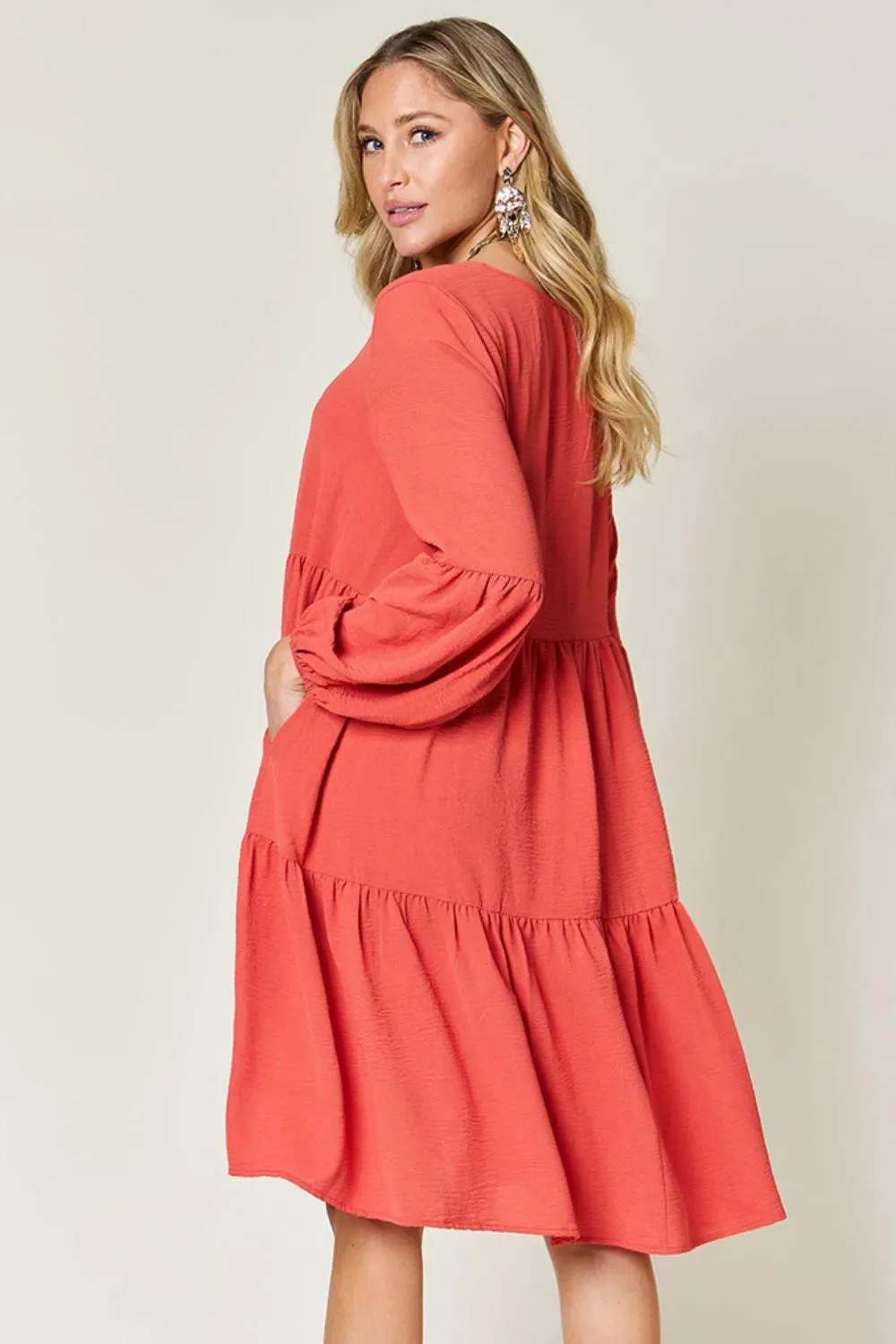 V-Neck Balloon Sleeve Tiered Dress