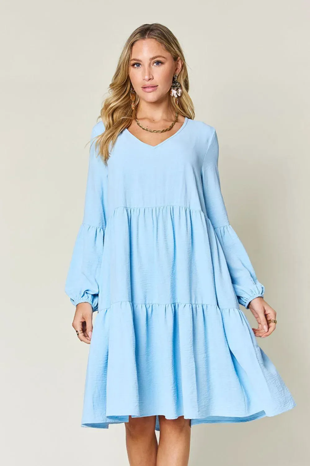 V-Neck Balloon Sleeve Tiered Dress