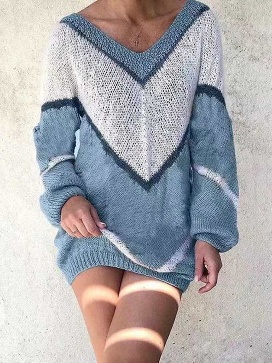 V-Neckline Color Block Casual Loose Regular Shift Sweaters