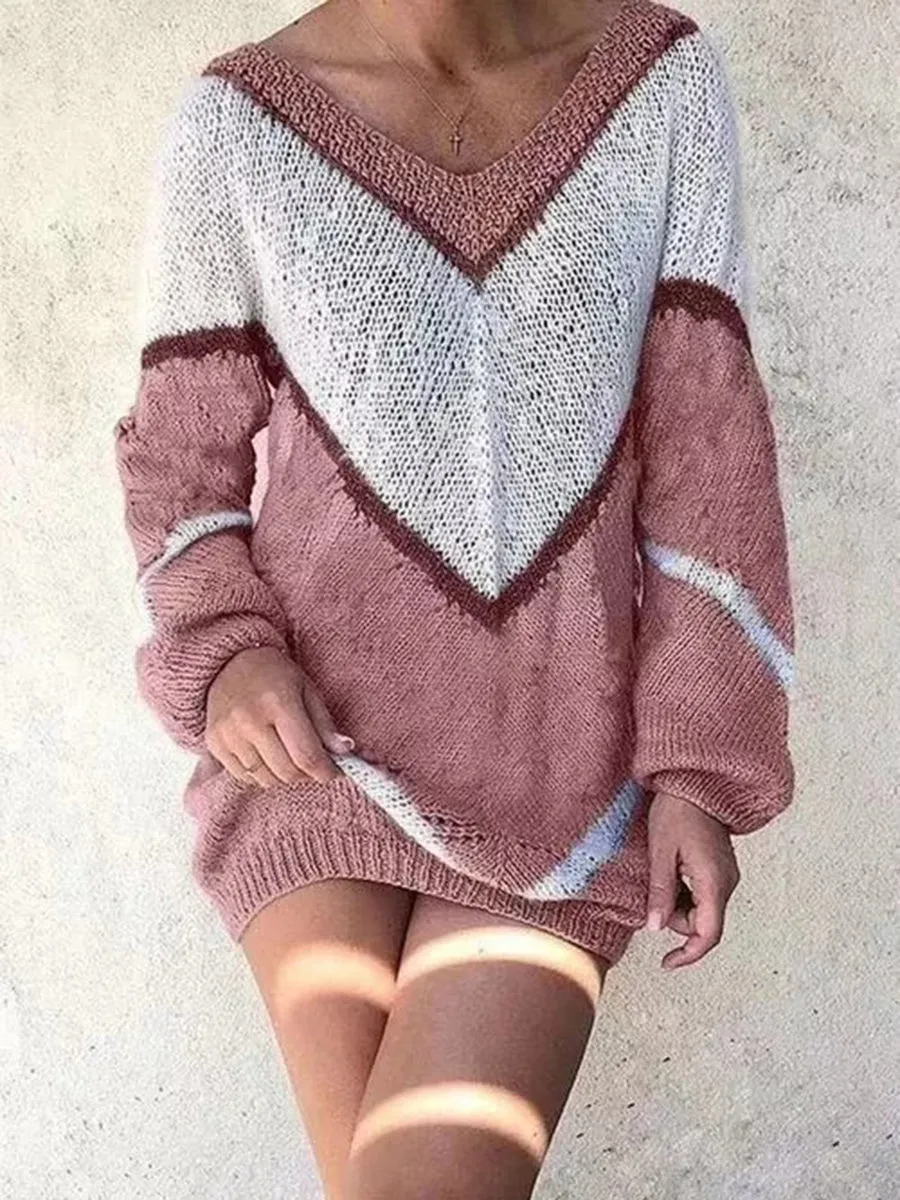 V-Neckline Color Block Casual Loose Regular Shift Sweaters