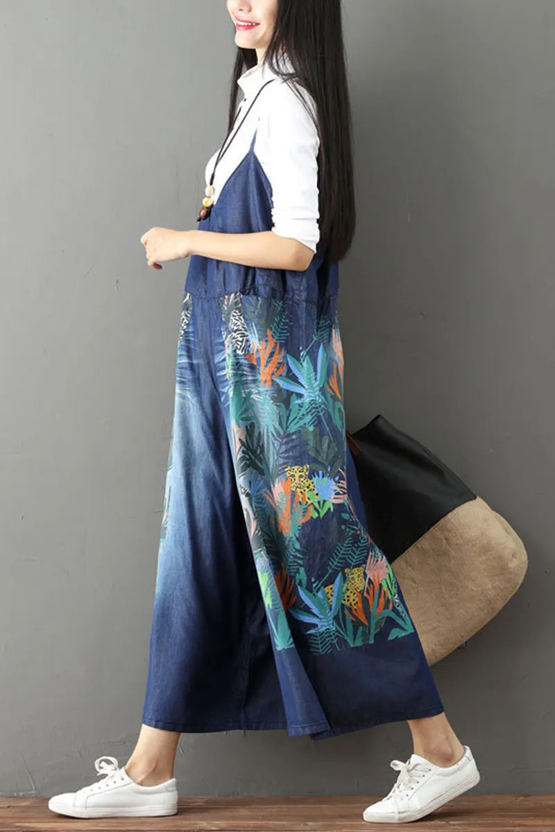 Vintage Floral Printed Casual Loose Denim Overalls Jumpsuits For Women  Q6516