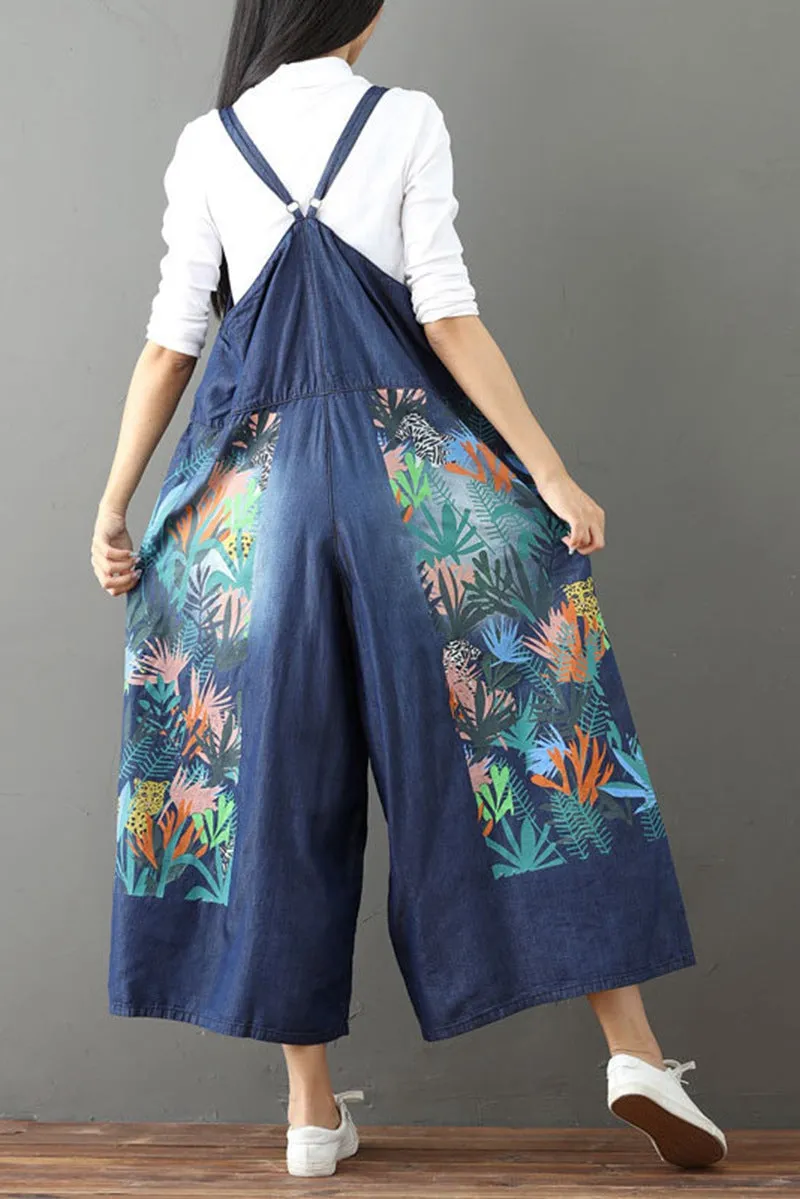 Vintage Floral Printed Casual Loose Denim Overalls Jumpsuits For Women  Q6516