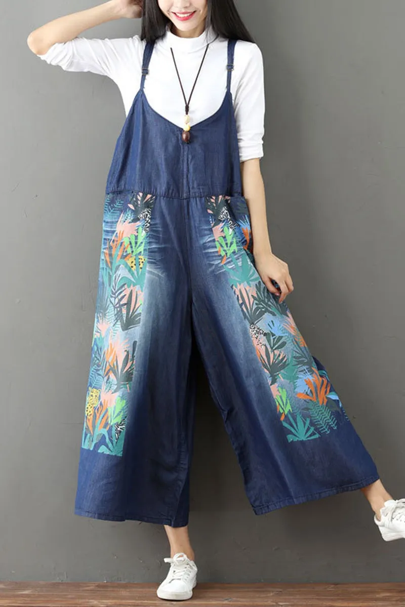 Vintage Floral Printed Casual Loose Denim Overalls Jumpsuits For Women  Q6516