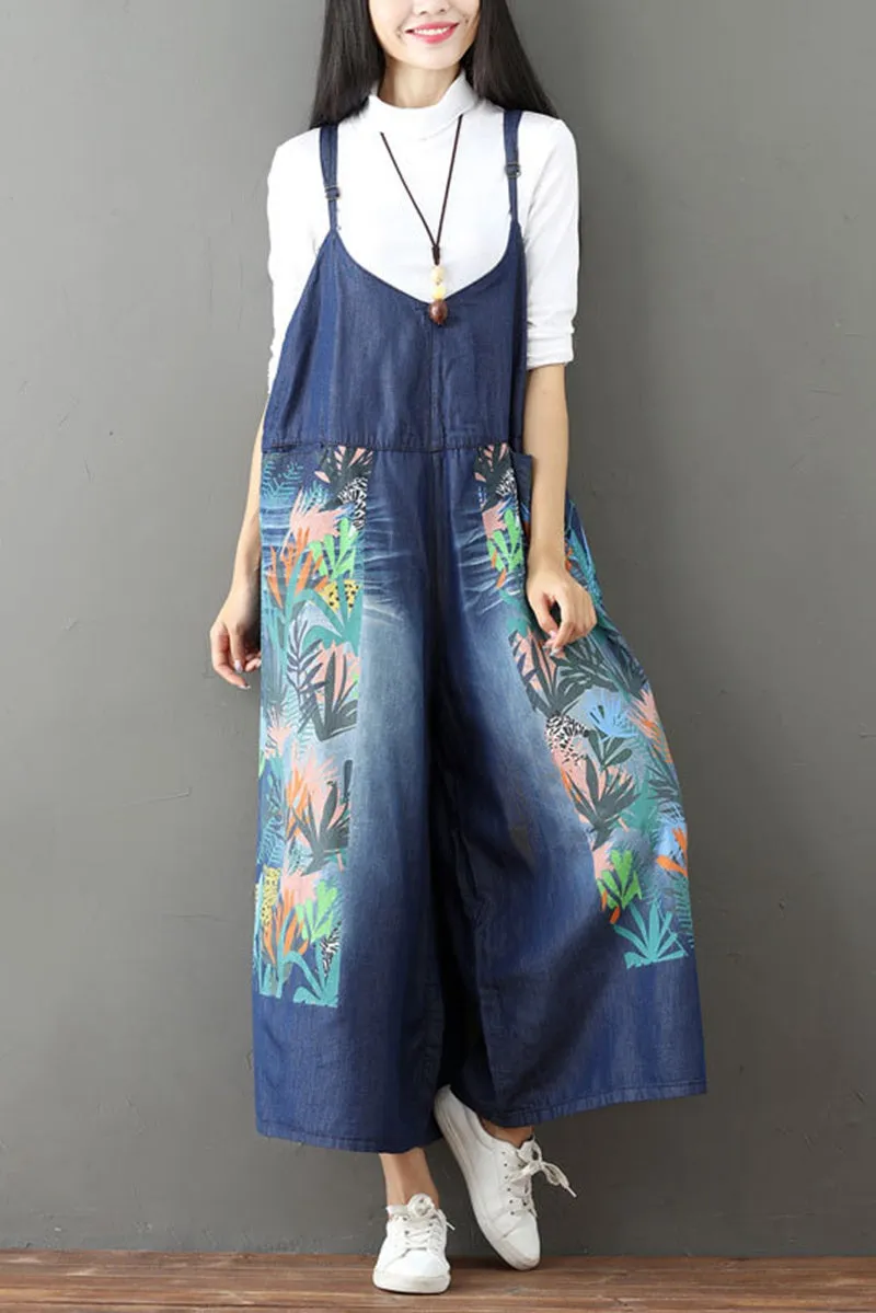 Vintage Floral Printed Casual Loose Denim Overalls Jumpsuits For Women  Q6516