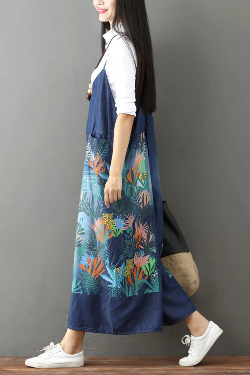 Vintage Floral Printed Casual Loose Denim Overalls Jumpsuits For Women  Q6516