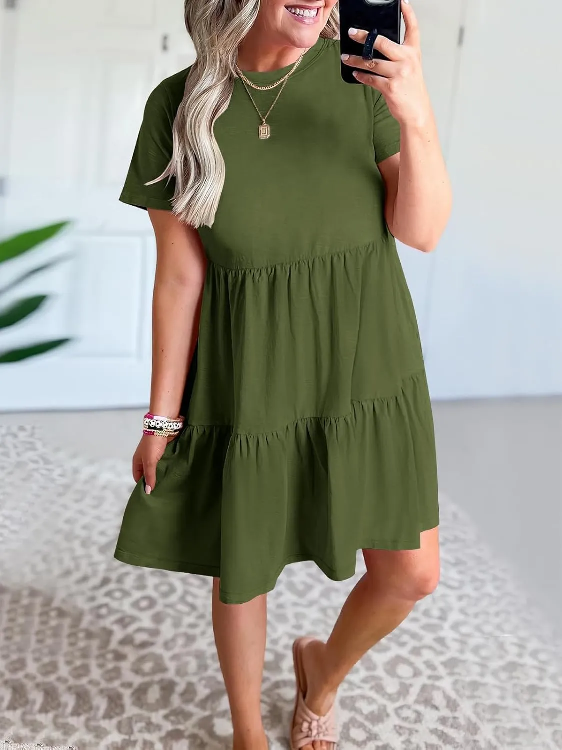 Women Summer Mini Dress Casual Short Sleeve Crewneck Pleated Dresses Trendy Tiered Ruffle Hem Tummy Control Sundress
