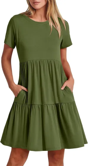 Women Summer Mini Dress Casual Short Sleeve Crewneck Pleated Dresses Trendy Tiered Ruffle Hem Tummy Control Sundress