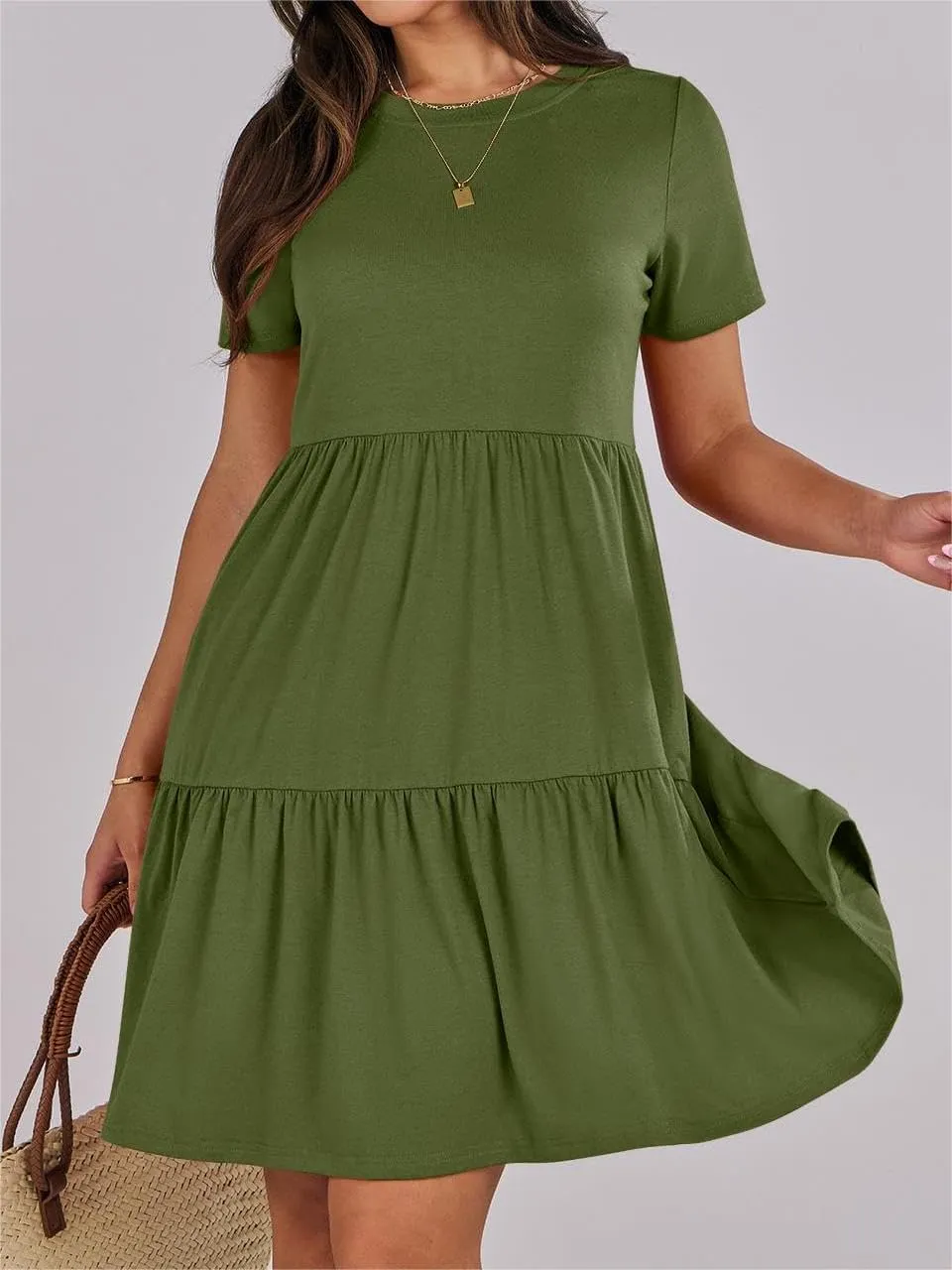 Women Summer Mini Dress Casual Short Sleeve Crewneck Pleated Dresses Trendy Tiered Ruffle Hem Tummy Control Sundress