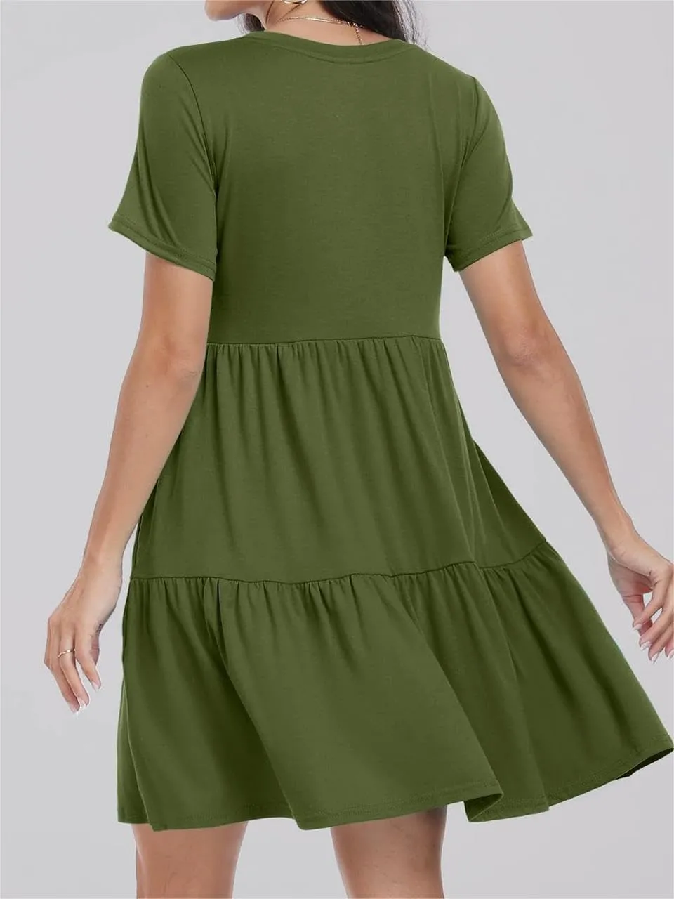 Women Summer Mini Dress Casual Short Sleeve Crewneck Pleated Dresses Trendy Tiered Ruffle Hem Tummy Control Sundress