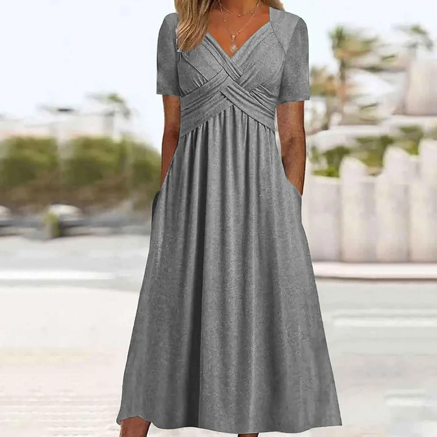 Women Summer Short Sleeve Midi Dress with Pockets Casual Aline Flowy Tshirt Dress Floral Vocation Beach Sundress