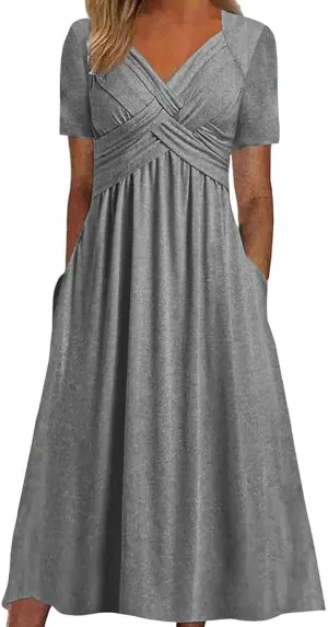 Women Summer Short Sleeve Midi Dress with Pockets Casual Aline Flowy Tshirt Dress Floral Vocation Beach Sundress