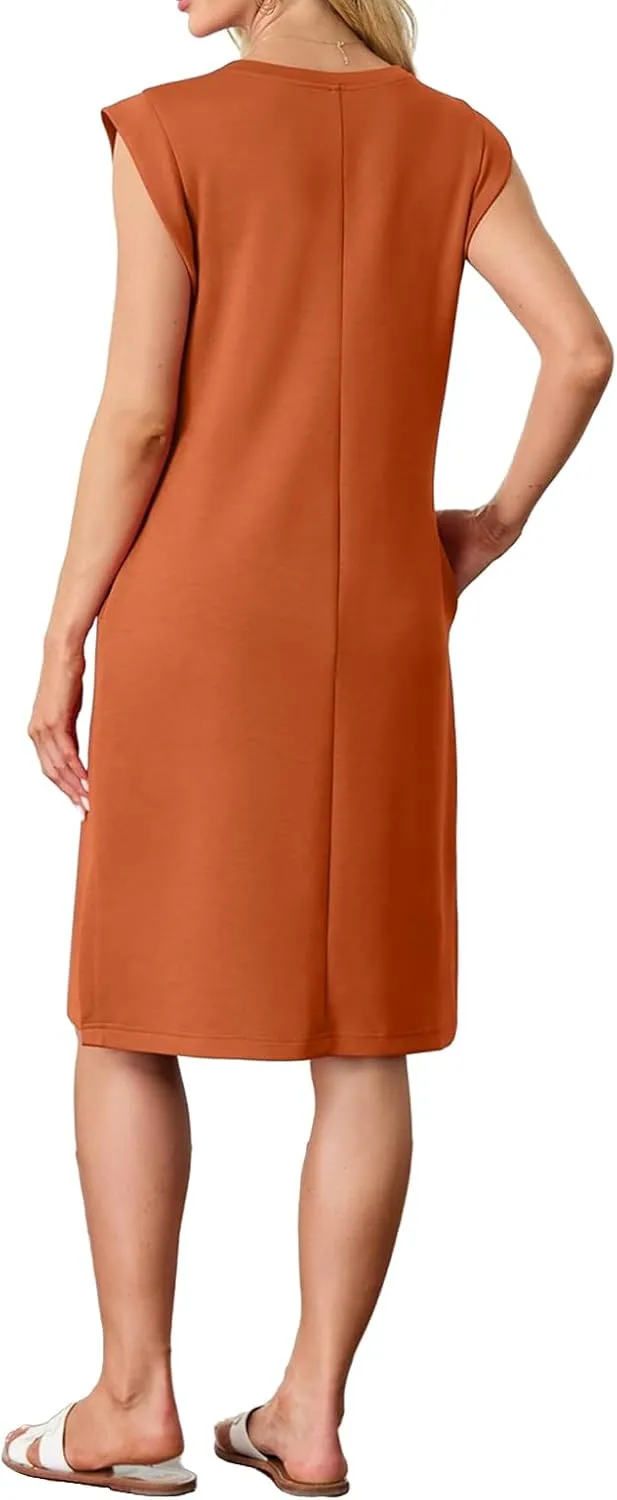 Women's Casual Midi Dresses Crewneck Sleeveless Dress Summer Loose Swing Split Wrinkle-Free Dress with Pockets
