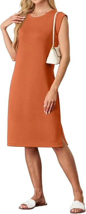 Women's Casual Midi Dresses Crewneck Sleeveless Dress Summer Loose Swing Split Wrinkle-Free Dress with Pockets