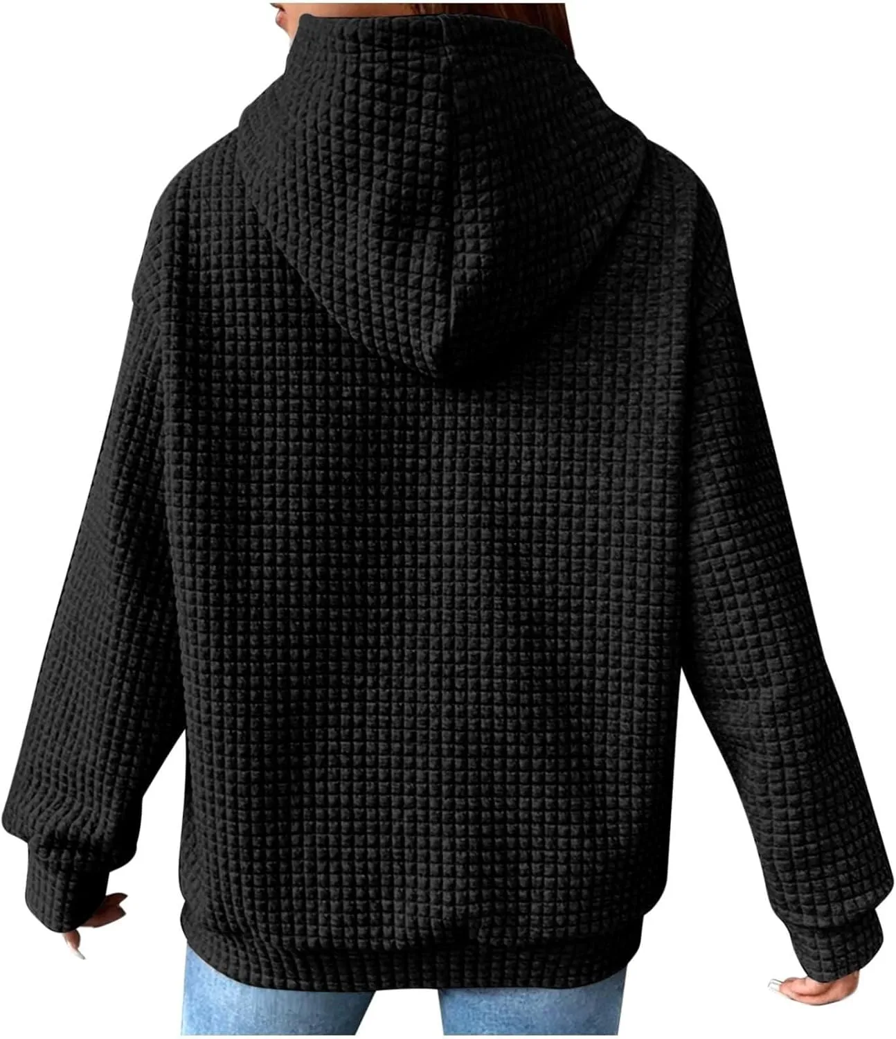 Womens Hoodies Casual Long Sleeve Drawstring Waffle Knit Pullover Tops Loose Hooded Sweatshirt with Pocket Fall Clothes