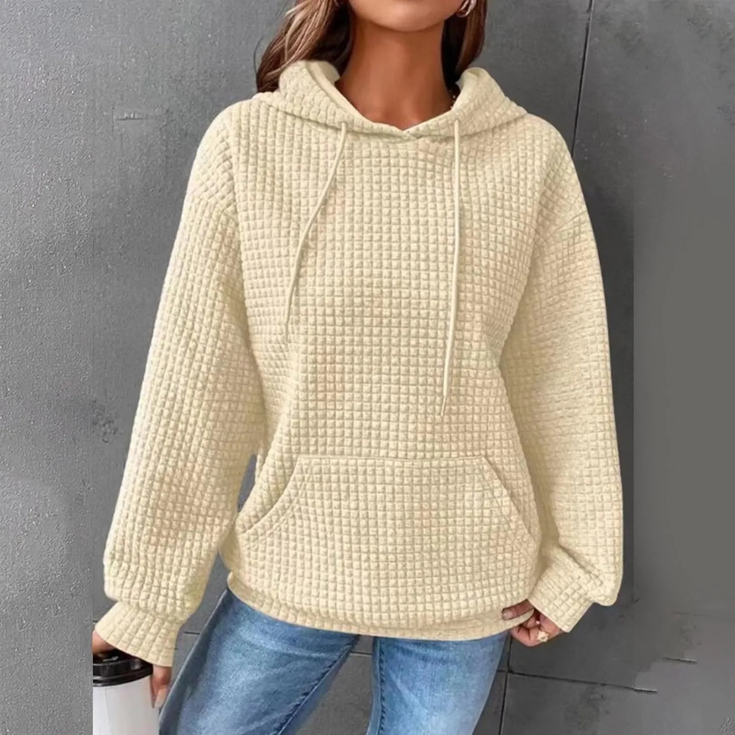 Womens Hoodies Casual Long Sleeve Drawstring Waffle Knit Pullover Tops Loose Hooded Sweatshirt with Pocket Fall Clothes