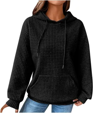 Womens Hoodies Casual Long Sleeve Drawstring Waffle Knit Pullover Tops Loose Hooded Sweatshirt with Pocket Fall Clothes