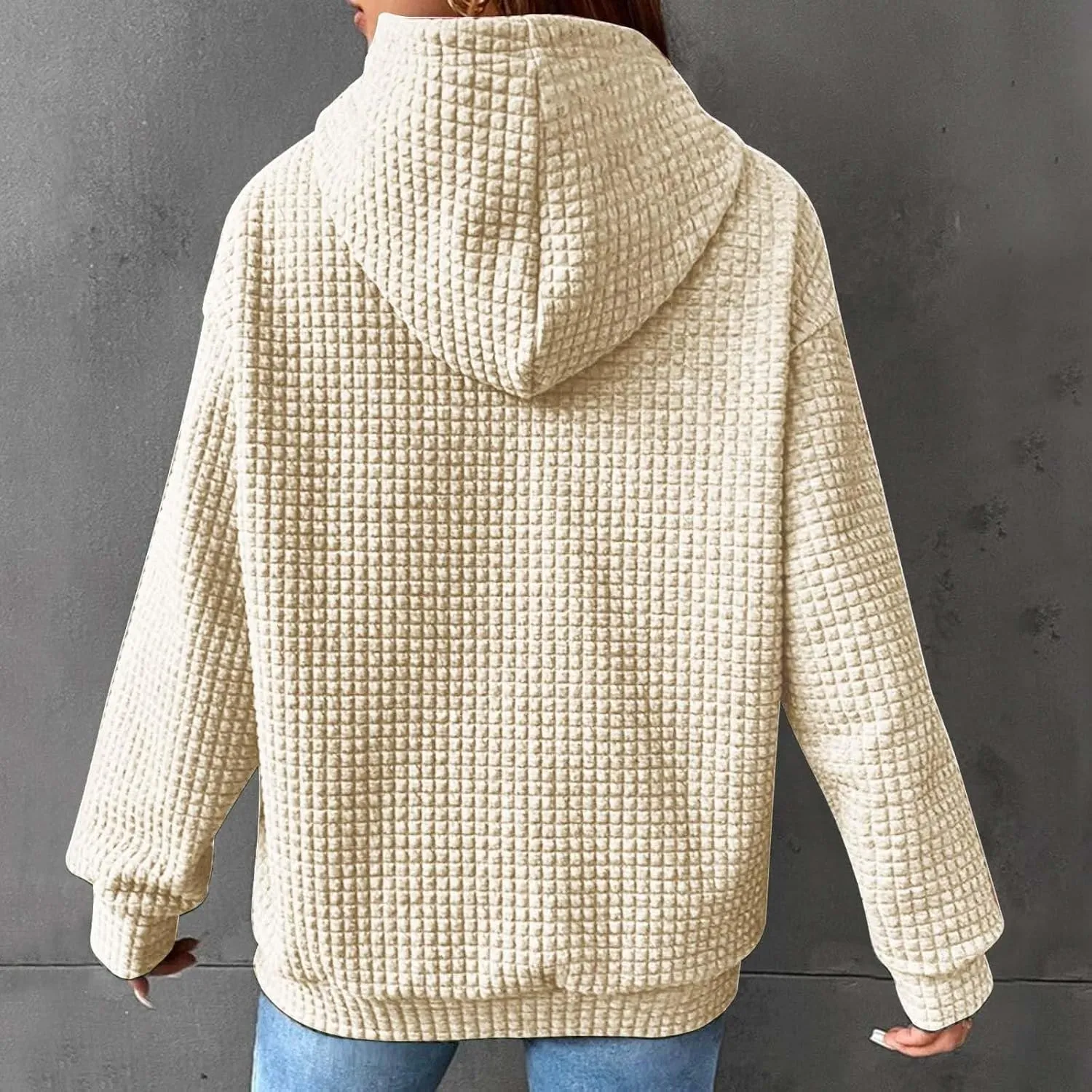 Womens Hoodies Casual Long Sleeve Drawstring Waffle Knit Pullover Tops Loose Hooded Sweatshirt with Pocket Fall Clothes