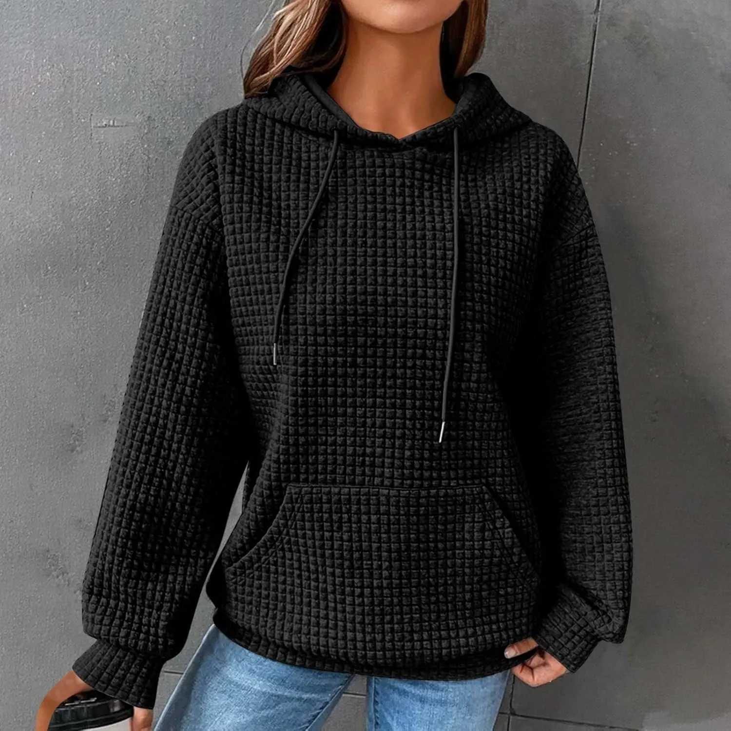 Womens Hoodies Casual Long Sleeve Drawstring Waffle Knit Pullover Tops Loose Hooded Sweatshirt with Pocket Fall Clothes