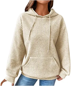 Womens Hoodies Casual Long Sleeve Drawstring Waffle Knit Pullover Tops Loose Hooded Sweatshirt with Pocket Fall Clothes