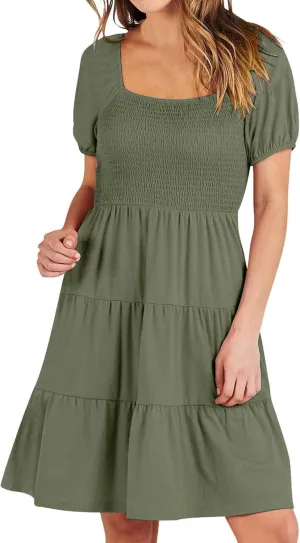 Women's Mini Dress Summer 2025 Square Neck Short Sleeve Knee Length Dresses Flowy Swing Shirring Babydoll Dress